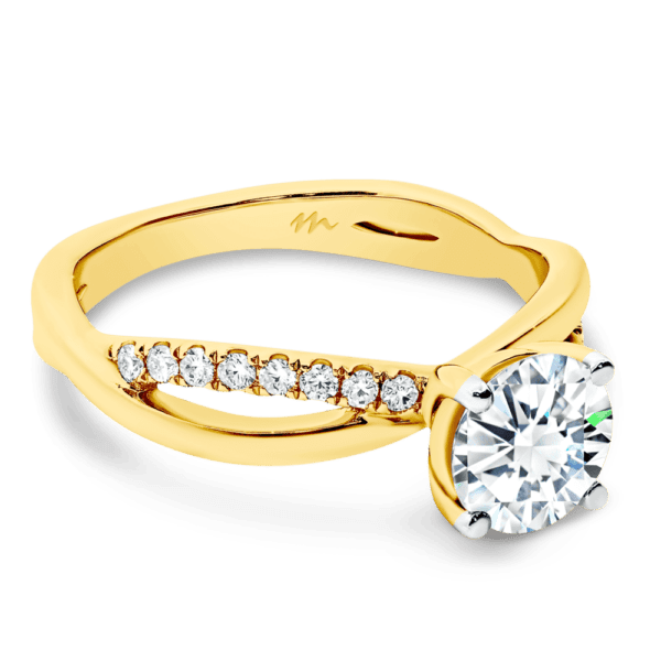 Freya Round 6.5 Angled Yellow Gold Moissanite 4 Prong Offset Crossover Infinity Prong Set Band Ring