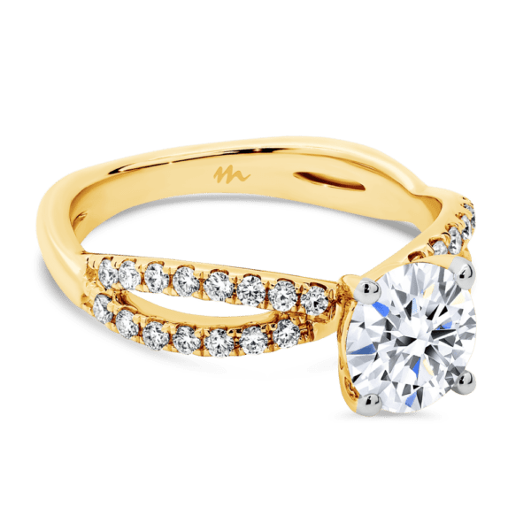 Frida Round 6.5 Angled Yellow Gold Moissanite 4 Prong Infinity Crossover Prong Set Band Ring