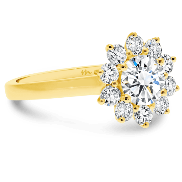 Jacinta 5.0 Angled Yellow Gold Moissanite Floral Halo Solitaire Band Ring