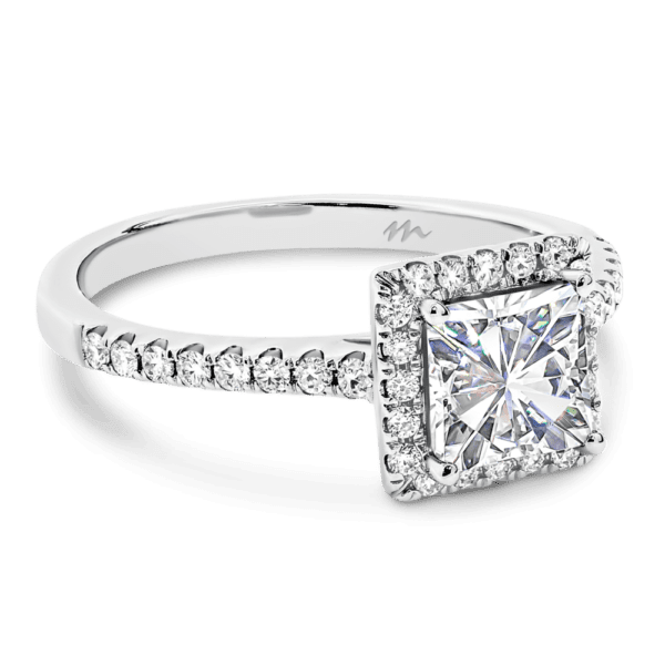 Jackie 5.5 Angled White Gold Moissanite Princess Cut Halo Open Gallery Cathedral Half Band Ring