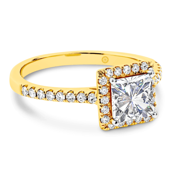 Jackie 5.5 Angled Yellow Gold Lab Grown Diamond Princess Cut Halo Open Gallery Cathedral Half Band Ring