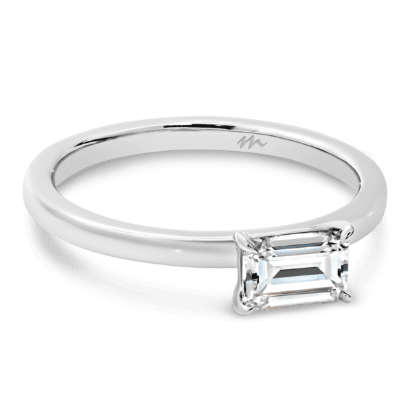 Jolie Emerald 6X4 Angled White Gold Moissanite 4 Prong East West Set Solitaire Half Rounded Band Ring