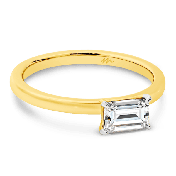 Jolie Emerald 6X4 Angled Yellow Gold Moissanite 4 Prong East West Set Solitaire Half Rounded Band Ring