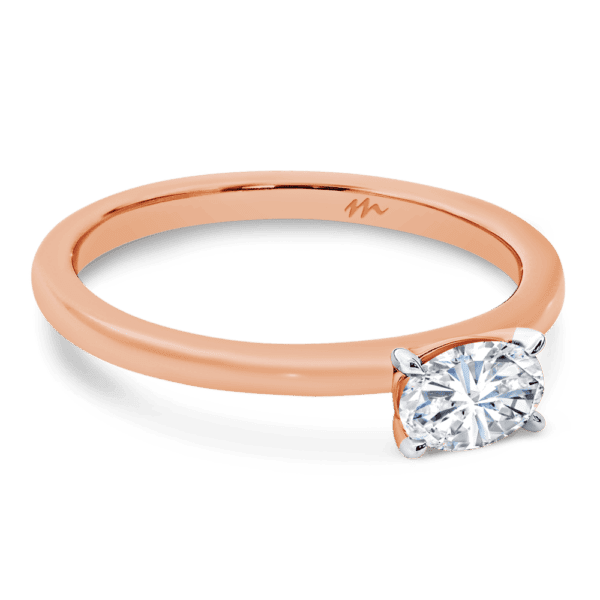 Jolie Oval 6X4 Angled Rose Gold Moissanite 4 Prong East West Set Solitaire Half Rounded Band Ring