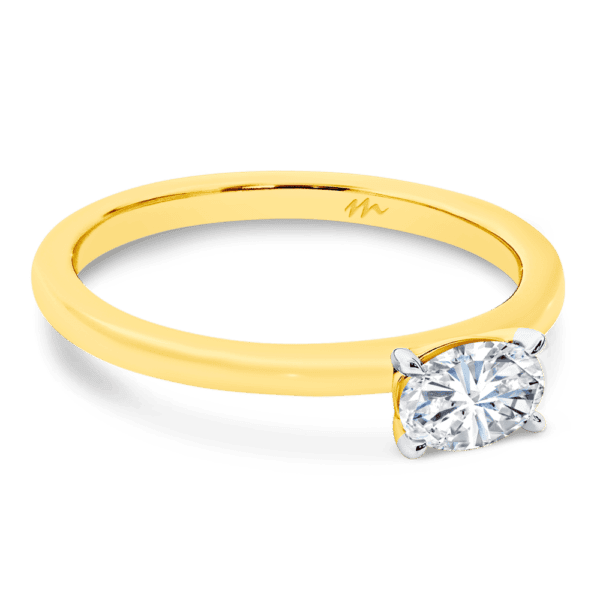 Jolie Oval 6X4 Angled Yellow Gold Moissanite 4 Prong East West Set Solitaire Half Rounded Band Ring