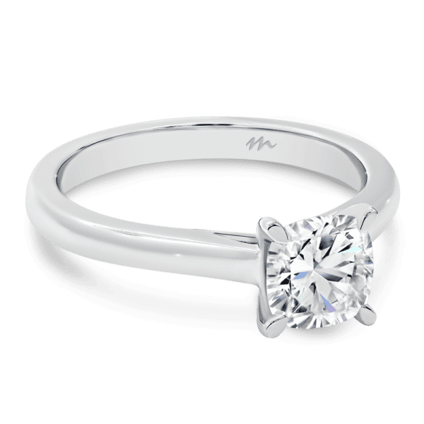 Leisel Cushion 6.0 Angled White Gold Moissanite 4 Prong Crossover Gallery Solitaire Rounded Band Ring