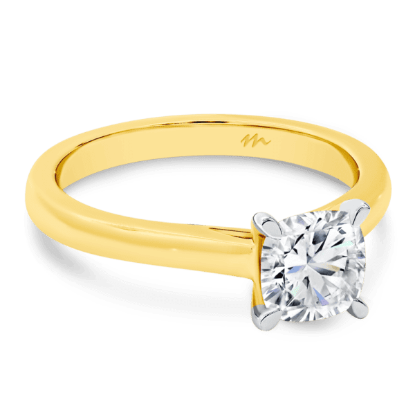 Leisel Cushion 6.0 Angled Yellow Gold Moissanite 4 Prong Crossover Gallery Solitaire Rounded Band Ring