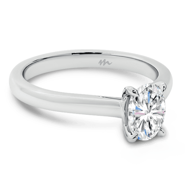 Leisel Oval 7X5 Angled White Gold Moissanite 4 Prong Crossover Gallery Solitaire Band Ring