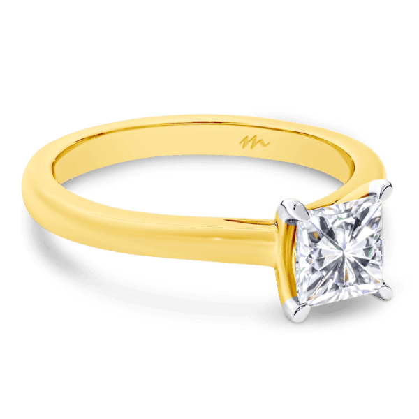 Leisel Square 5.5 Angled Yellow Gold Moissanite 4 Prong Crossover Gallery Solitaire Band Ring