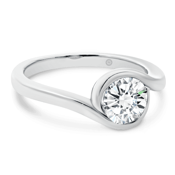 Liza 6.5 Angled White Gold Lab Grown Diamond Round Semi Bezel Set Twisted Halo Solitaire Band Ring
