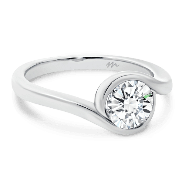 Liza 6.5 Angled White Gold Moissanite Round Semi Bezel Set Twisted Halo Solitaire Band Ring