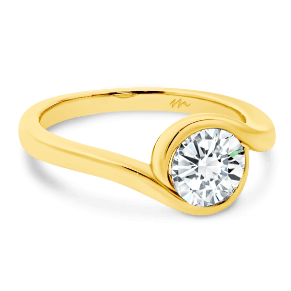 Liza 6.5 Angled Yellow Gold Moissanite Round Semi Bezel Set Twisted Halo Solitaire Band Ring