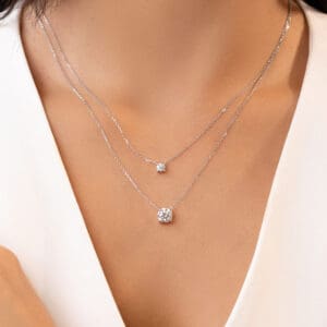 Model Wears Alice Round 4.0 7.0 White Gold Moissanite 4 Prong Set Chain Necklace