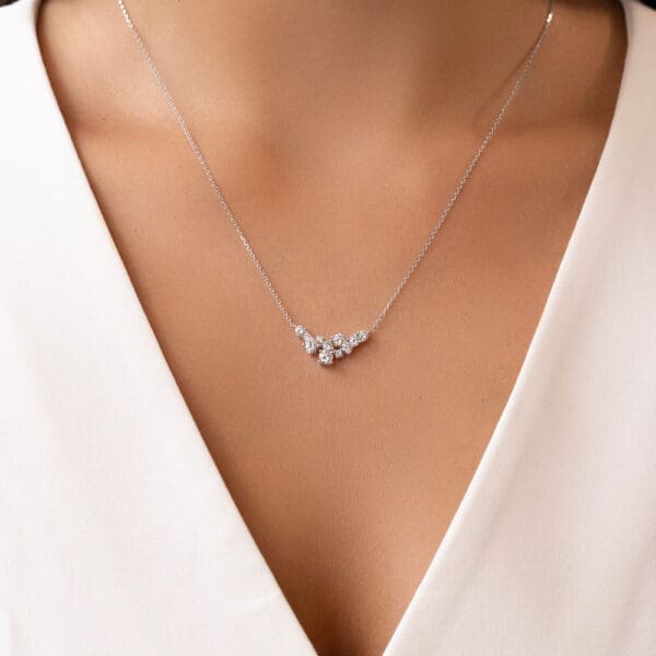 Model Wears Isla Round White Gold Lab Grown Diamond Mixed Round Cluster Necklace