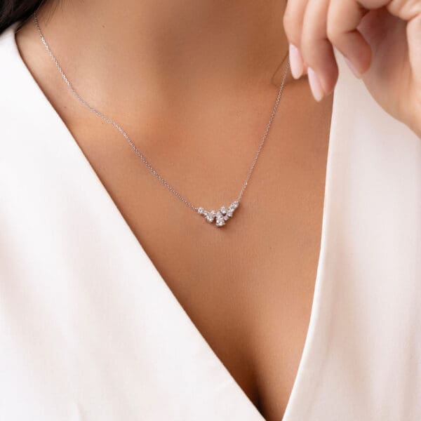 Model Wears Isla Round White Gold Lab Grown Diamond Round Cluster Necklace