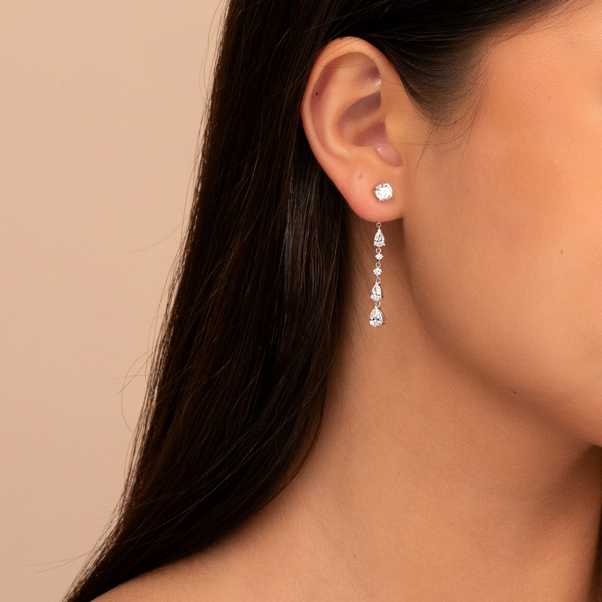 Model Wears Sierra White Gold Lab Grown Diamond Long Dangling Prong Set Earring Enhancer
