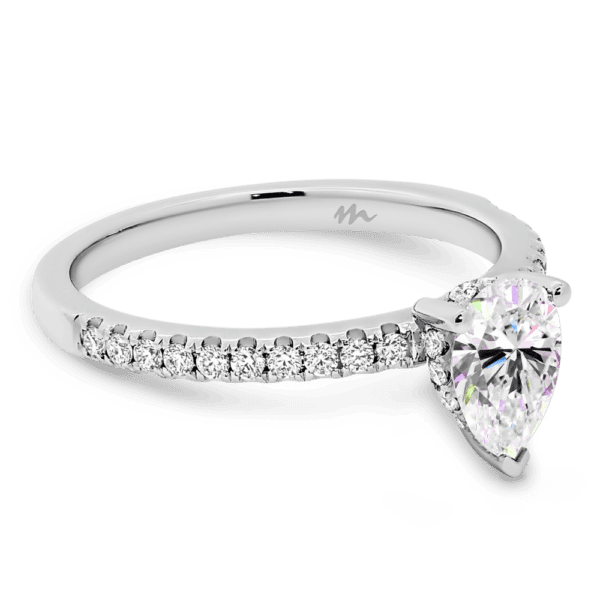 Pia Pear 7X5 Angled White Gold Moissanite 3 Prong Under Rail Prong Set Band Ring