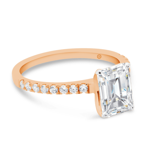Rosewood Emerald 8X6 Angled Rose Gold Lab Grown Diamond 4 Prong Open Basket Fine U Prong Half Band Ring