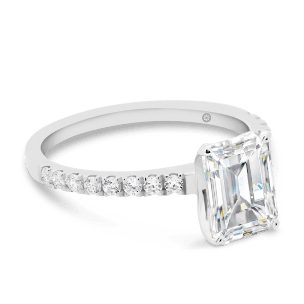 Rosewood Emerald 8X6 Angled White Gold Lab Grown Diamond 4 Prong Open Basket Fine U Prong Half Band Ring
