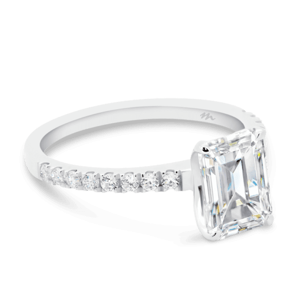 Rosewood Emerald 8X6 Angled White Gold Moissanite 4 Prong Open Basket Fine U Prong Half Band Ring