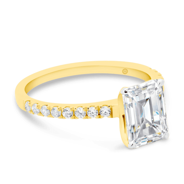 Rosewood Emerald 8X6 Angled Yellow Gold Lab Grown Diamond 4 Prong Open Basket Fine U Prong Half Band Ring