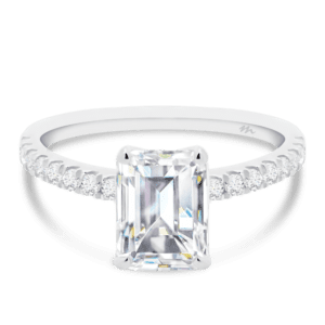 Rosewood Emerald 8X6 Front White Gold Moissanite 4 Prong Open Basket Fine U Prong Half Band Ring