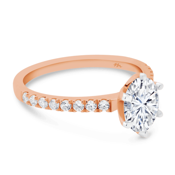 Rosewood Oval 8X6 Angled Rose Gold Moissanite 4 Prong Open Basket Fine U Prong Half Band Ring