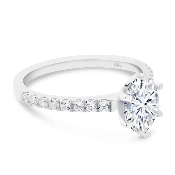 Rosewood Oval 8X6 Angled White Gold Moissanite 4 Prong Open Basket Fine U Prong Half Band Ring