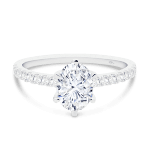 Rosewood Oval 8X6 Front White Gold Moissanite 4 Prong Open Basket Fine U Prong Half Band Ring
