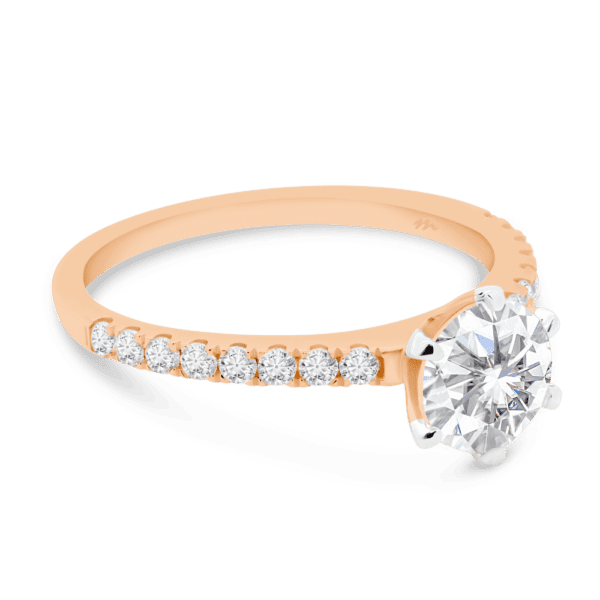 Rosewood Round 7.5 Angled Rose Gold Moissanite 4 Prong Open Basket Fine U Prong Half Band Ring