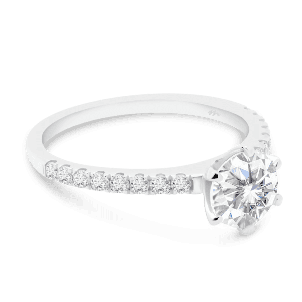 Rosewood Round 7.5 Angled White Gold Moissanite 4 Prong Open Basket Fine U Prong Half Band Ring