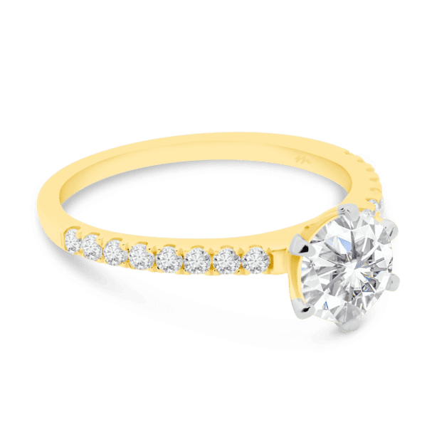 Rosewood Round 7.5 Angled Yellow Gold Moissanite 4 Prong Open Basket Fine U Prong Half Band Ring