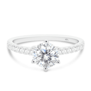 Rosewood Round 7.5 Front White Gold Moissanite 4 Prong Open Basket Fine U Prong Half Band Ring