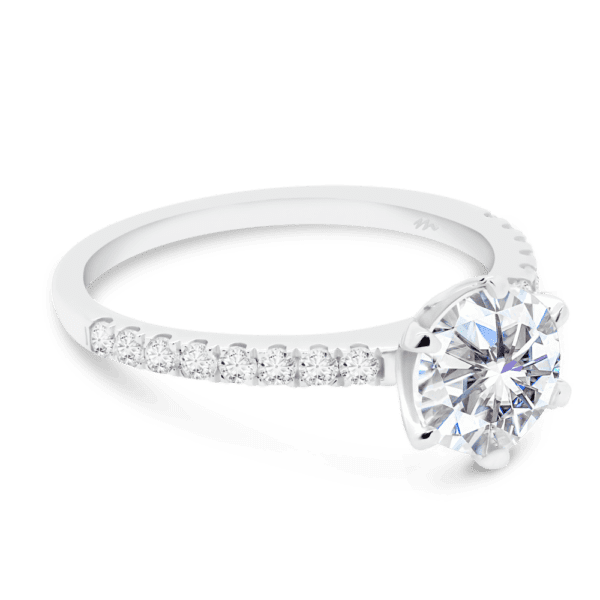 Rosewood Round 8.0 Angled White Gold Moissanite 4 Prong Open Basket Fine U Prong Half Band Ring