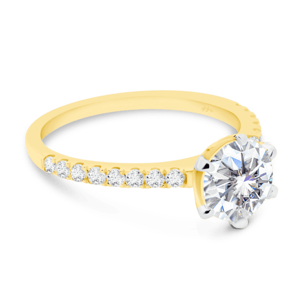 Rosewood Round 8.0 Angled Yellow Gold Moissanite 4 Prong Open Basket Fine U Prong Half Band Ring