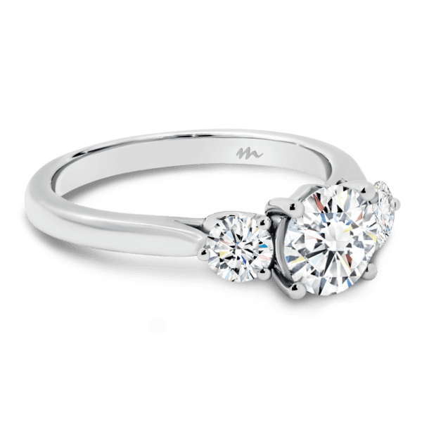 Theresa 6.5 Angled White Gold Moissanite 4 Prong Trilogy Heart Gallery Knife Edge Band Ring