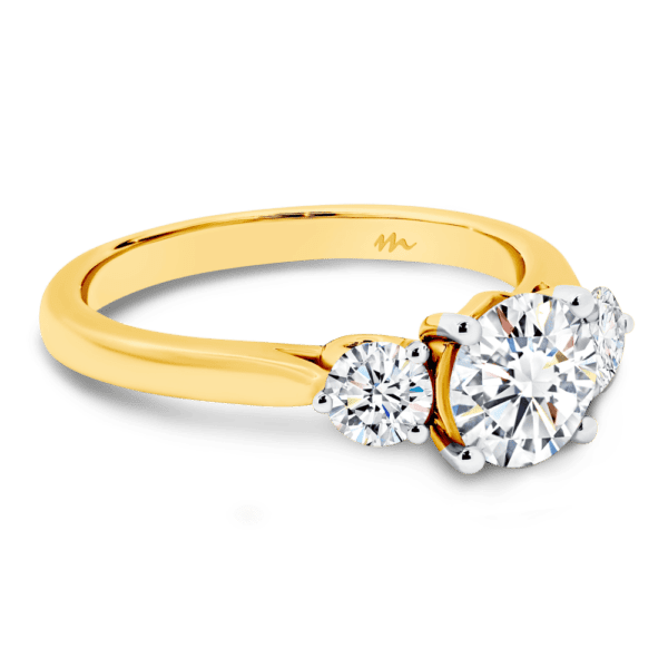 Theresa 6.5 Angled Yellow Gold Moissanite 4 Prong Trilogy Heart Gallery Knife Edge Band Ring
