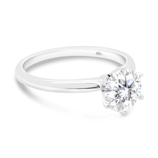 Annerley 6.5 Angled White Gold Moissanite 6 Prong Solitaire Fine Knife Edge Band Ring