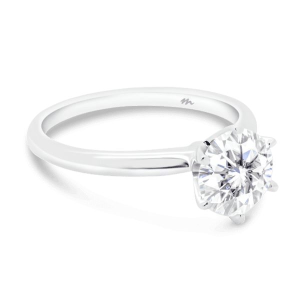 Annerley 7.5 Angled White Gold Moissanite 6 Prong Solitaire Fine Knife Edge Band Ring