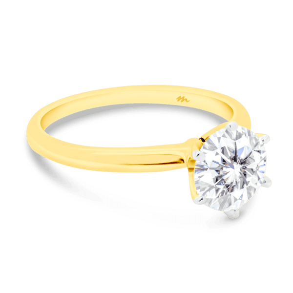 Annerley 7.5 Angled Yellow Gold Moissanite 6 Prong Solitaire Fine Knife Edge Band Ring