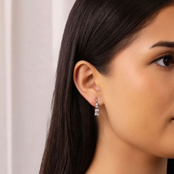 Model Wears Leona White Gold Lab Grown Diamond Emerald Cut Drop Earrings