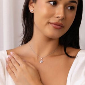 Model Wears Shana White Gold Lab Grown Diamond Marquise Floral Pendant Chain Necklace