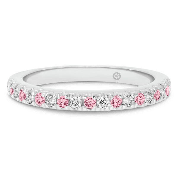 Model wears Angela 1.5 alternating pink white gold Diamond U prong half set wedding ring