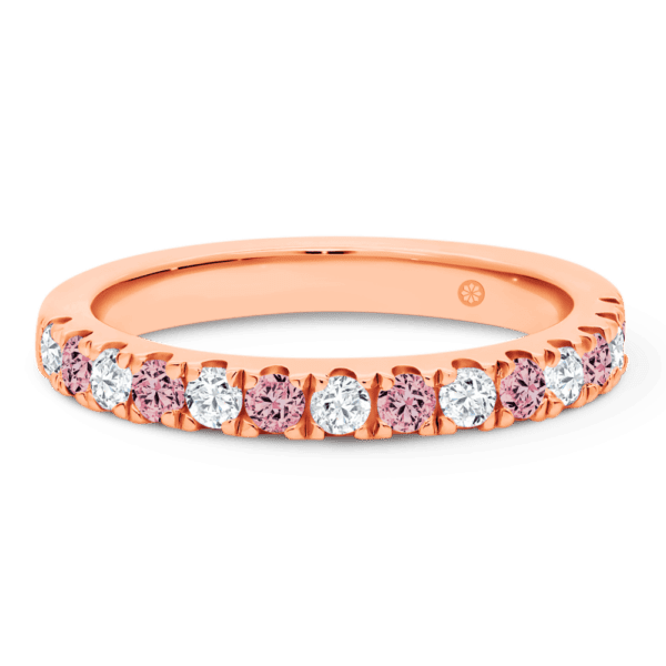 Model wears Angelica 2.5 2.0 alternating pink white Diamond U prong set rose gold wedding ring