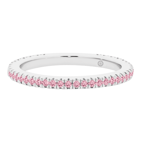 Model wears Angela Pink 1.1 white gold Lab Grown Diamond U prong half set wedding ring