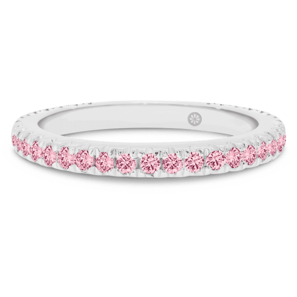 Model wears Angela 1.5 rose gold alternating pink white Lab Grown Diamond U prong half set wedding ring