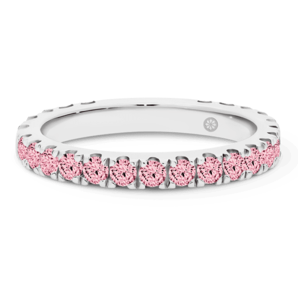 Model wears Angelica 2.5 white gold alternating pink Lab Grown Diamond U prong set wedding ring