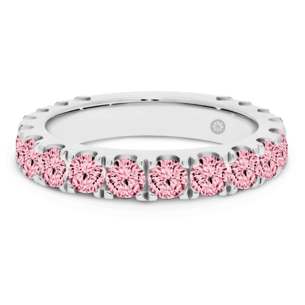 Model wears Angelica 3.0 white gold alternating pink Lab Grown Diamond U prong set wedding ring