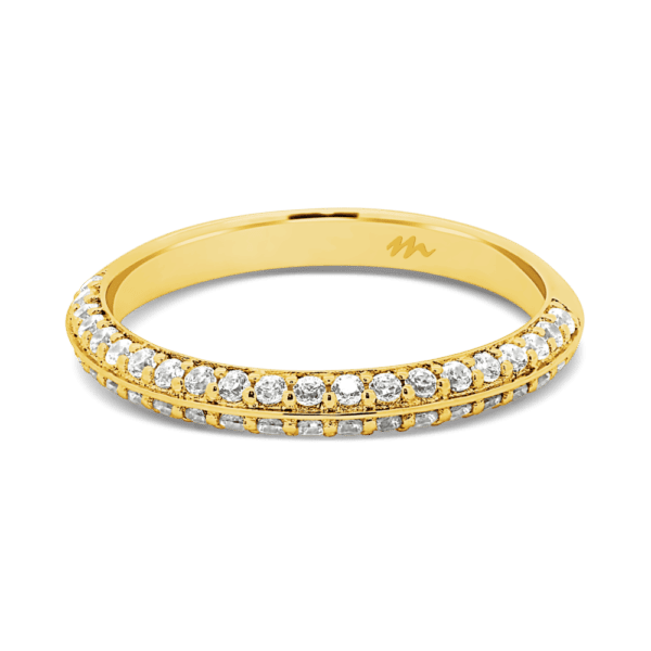 Arianne A Front Yellow Gold Moissanite Knife Edge Half Pave Set Wedding Ring