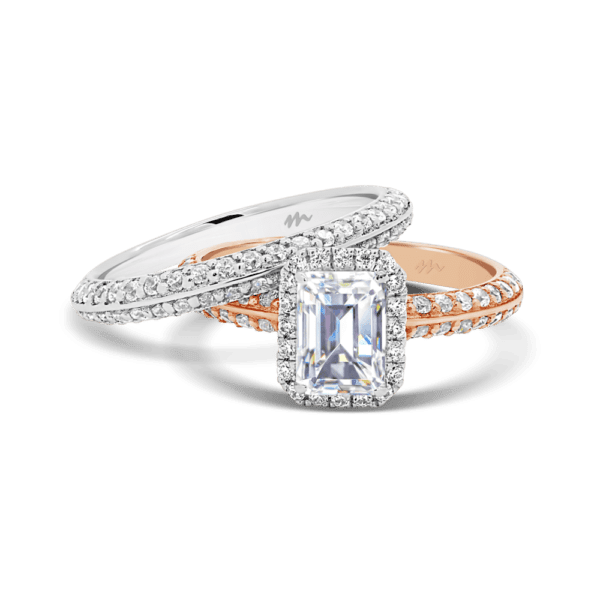 Arianne Emerald Arianne A Front Rose White Gold Moissanite Knife Edge Half Pave Set Wedding Ring